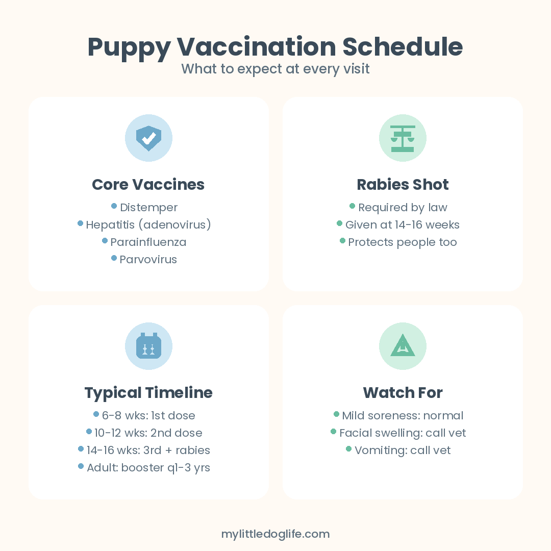 Pastel infographic summarizing the puppy vaccination schedule: core vaccines, the rabies requirement, a week-by-week timeline, and signs to watch for after a shot.