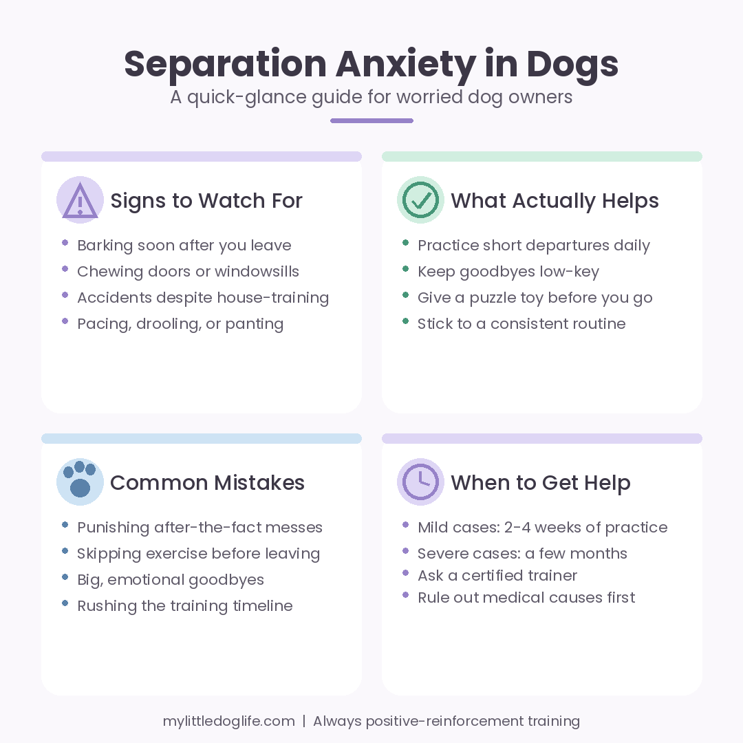 Pastel infographic summarizing signs, helpful steps, common mistakes, and when to get help for separation anxiety in dogs