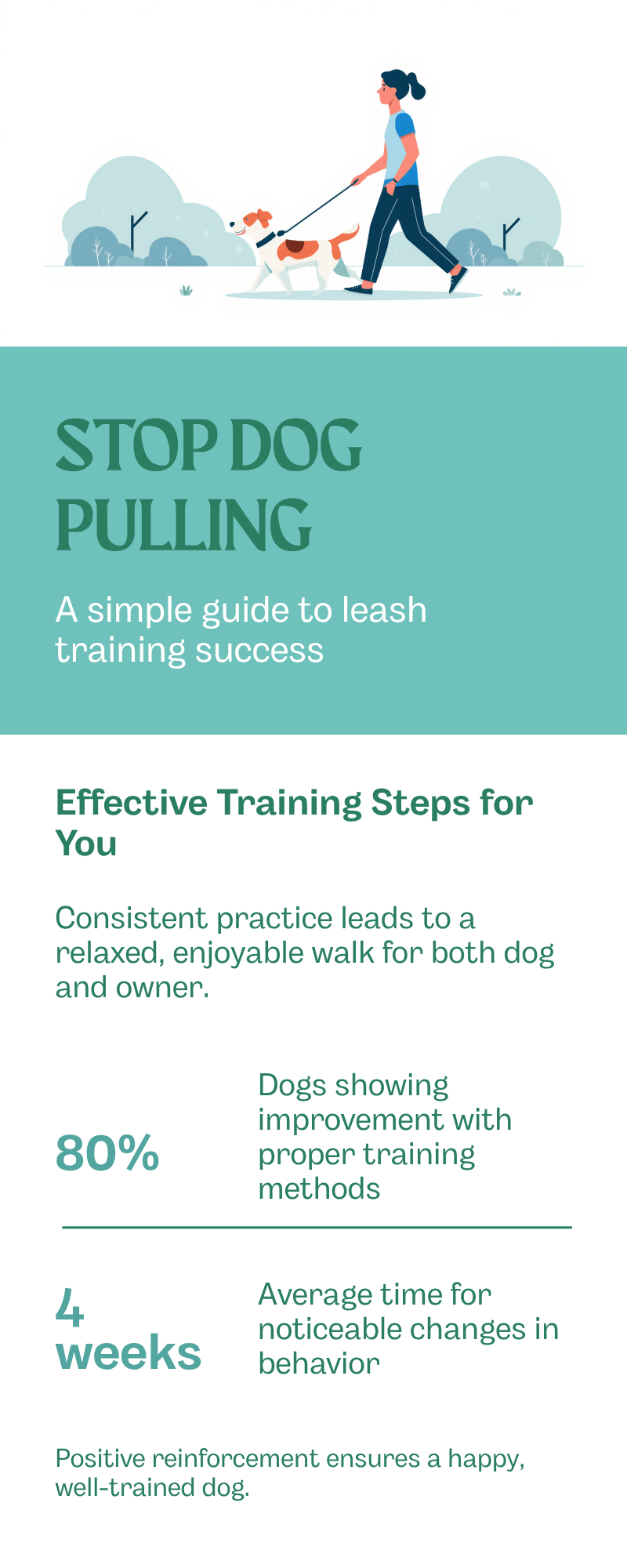 Infographic summarizing how to stop leash pulling in dogs: why dogs pull, step-by-step training, gear tips, and common mistakes to avoid.