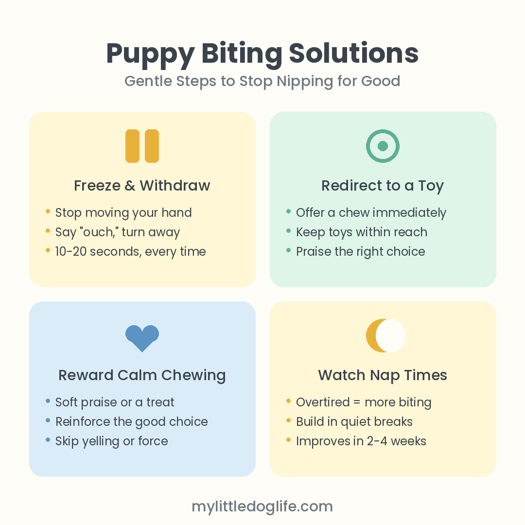 Pastel infographic showing four steps to stop puppy biting: freeze and withdraw, redirect to a toy, reward calm chewing, and watch nap times