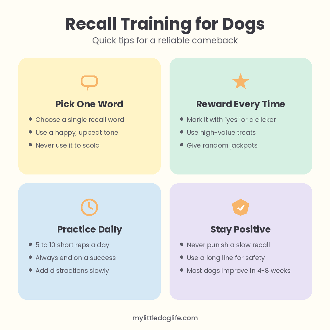 Infographic with four pastel cards showing recall training tips for dogs: pick one word, reward every time, practice daily, and stay positive.