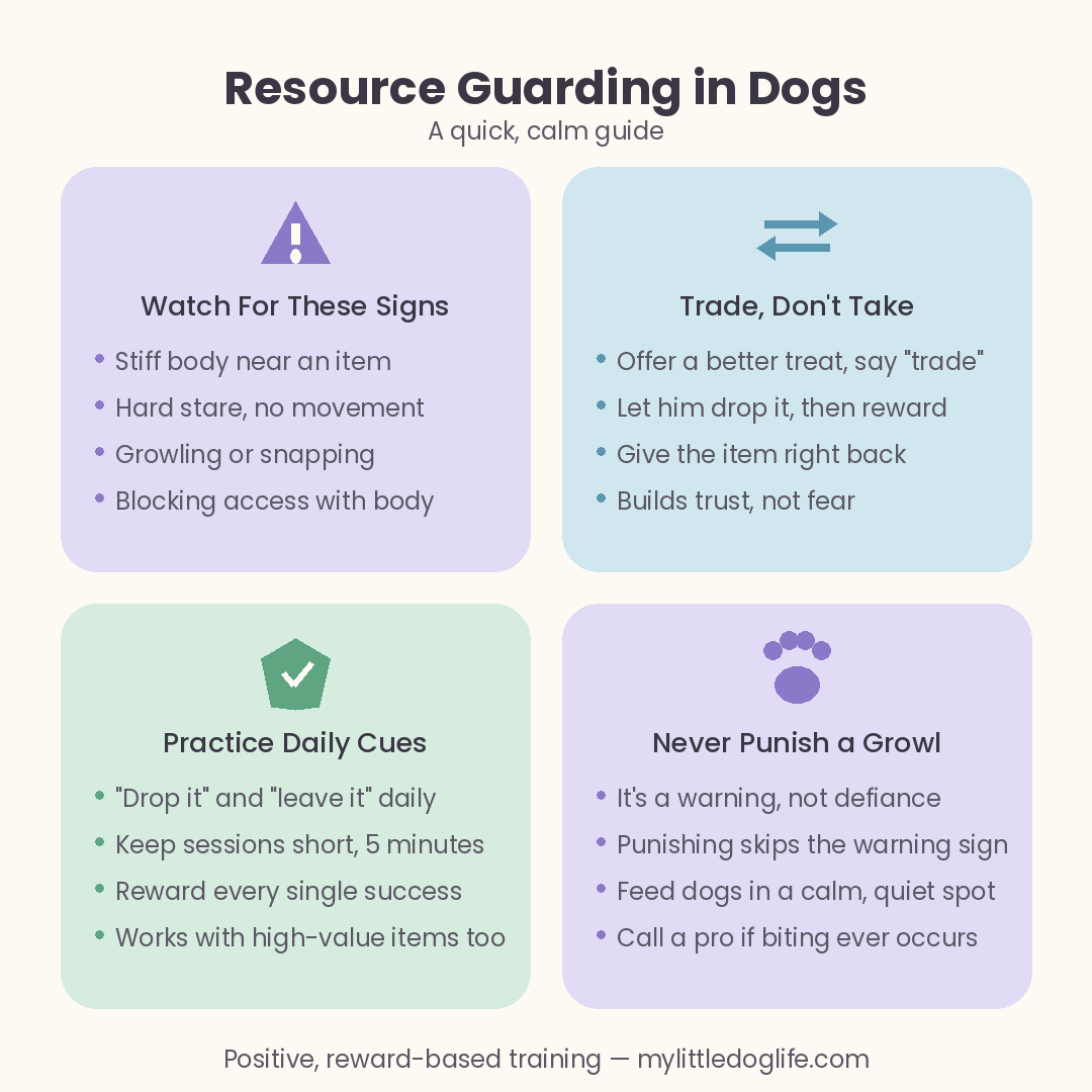 Pastel infographic summarizing four tips for handling resource guarding in dogs: watch for signs, trade instead of take, practice daily cues, and never punish a growl